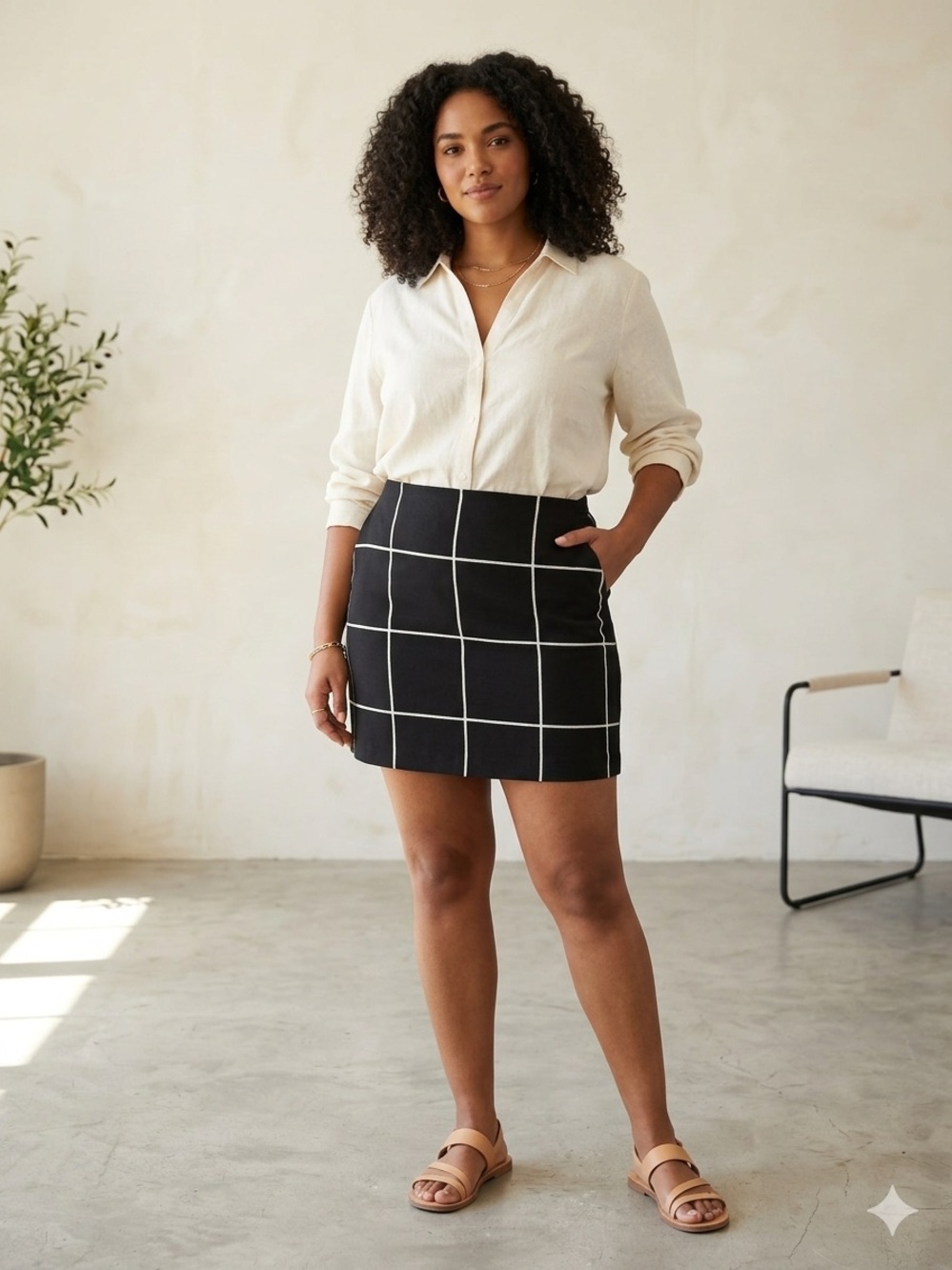 B lack White Windowpane Grid Mini Skirt | High Waist Korean Fashion | Size M